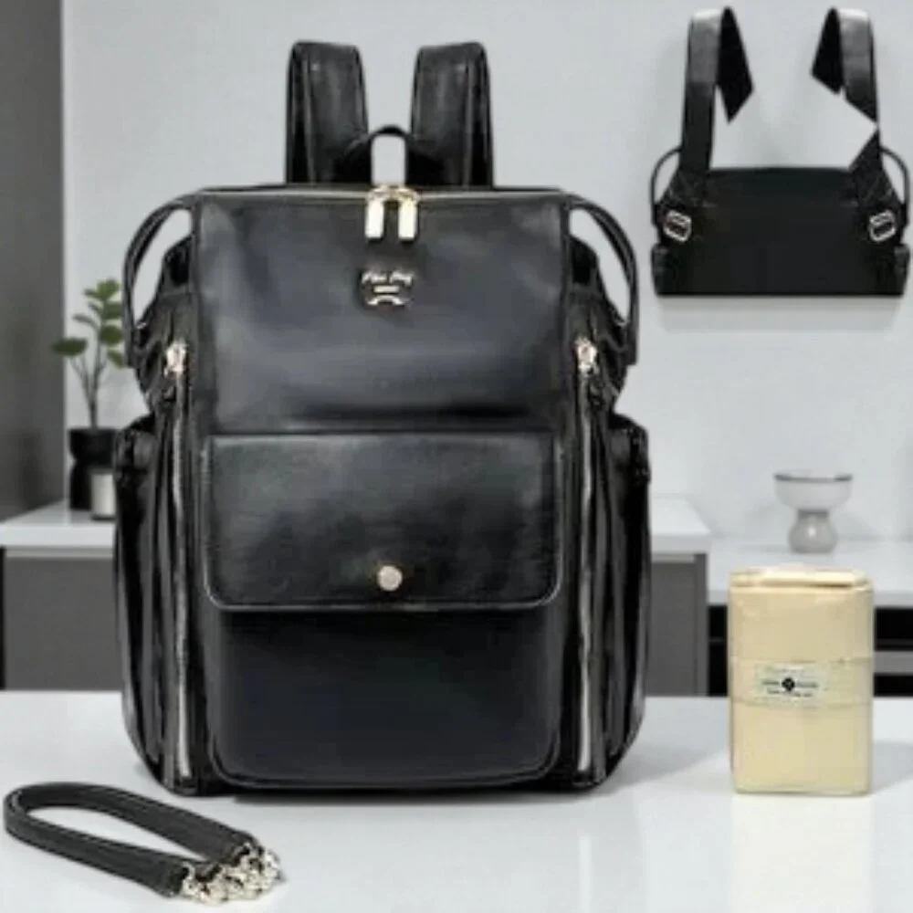 Miss Fong Diaper Bag Black ECO PU Leather with Beige Interior & Changing Pad